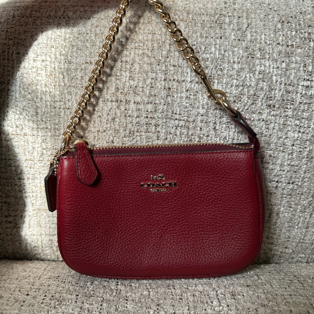 Coach Red Pebbled Leather Wristlet with Gold Chain